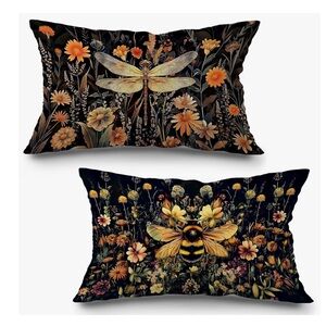 Floral Insect Decorative Pillow Cover Set - Black and Gold